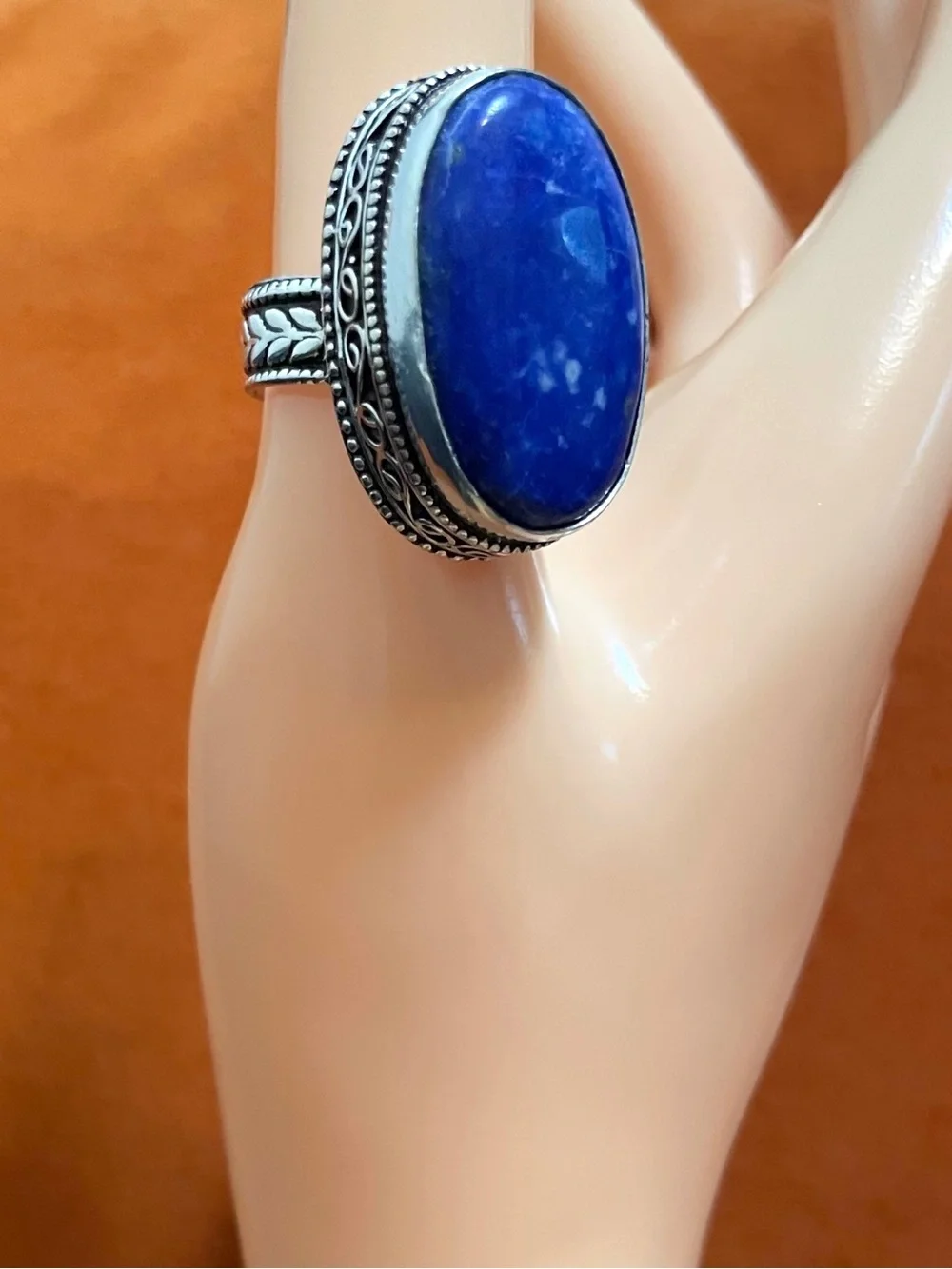 Genuine Lapis Lazuli Silver Over Stainless Steel Oval Statement Ring Unisex NWOT